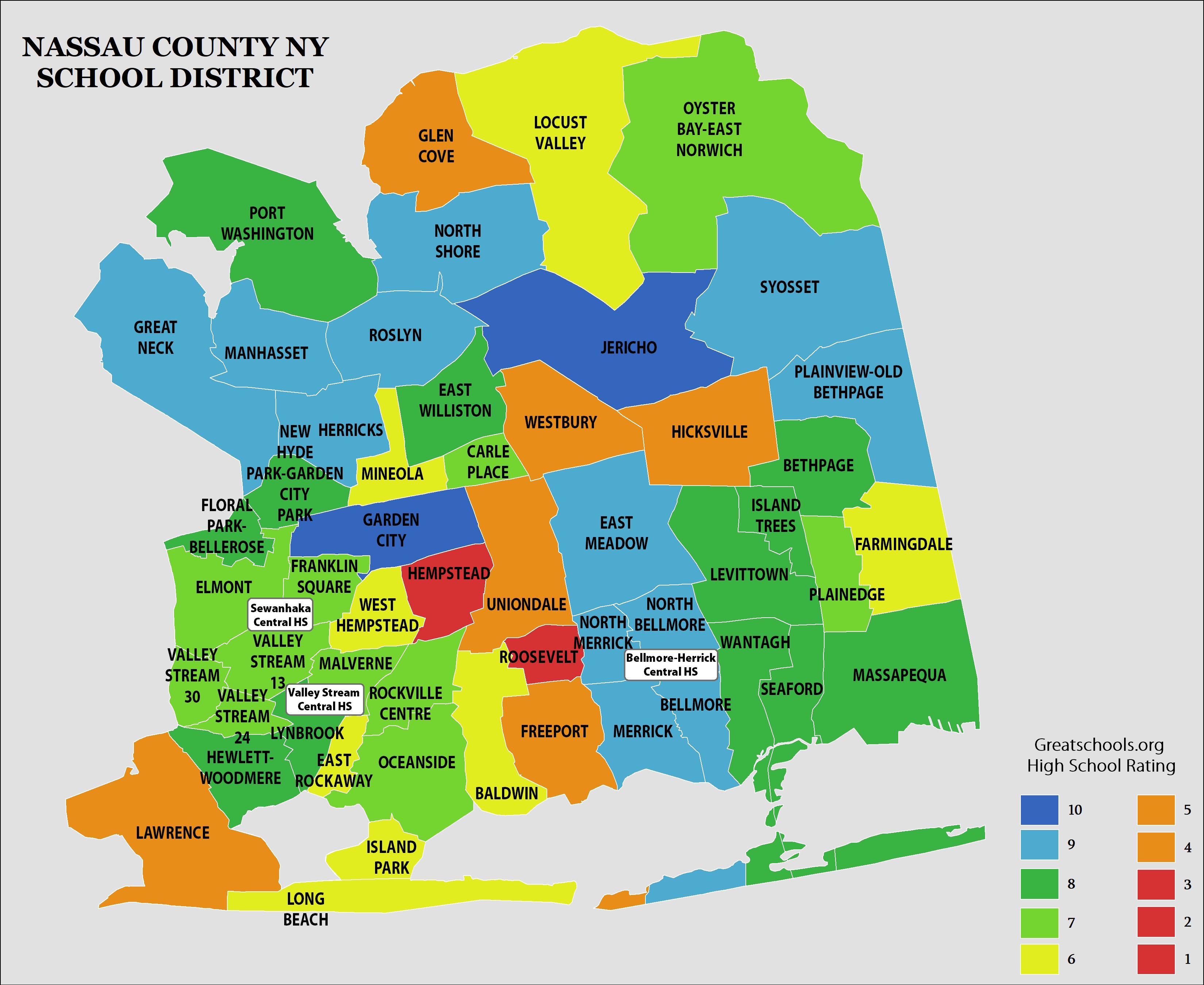 Nassau County School Districts Map with Rating Scores