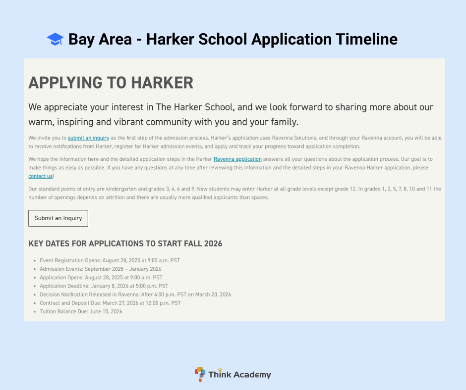 Think Academy - Harker School 2026 Fall Application Timeline