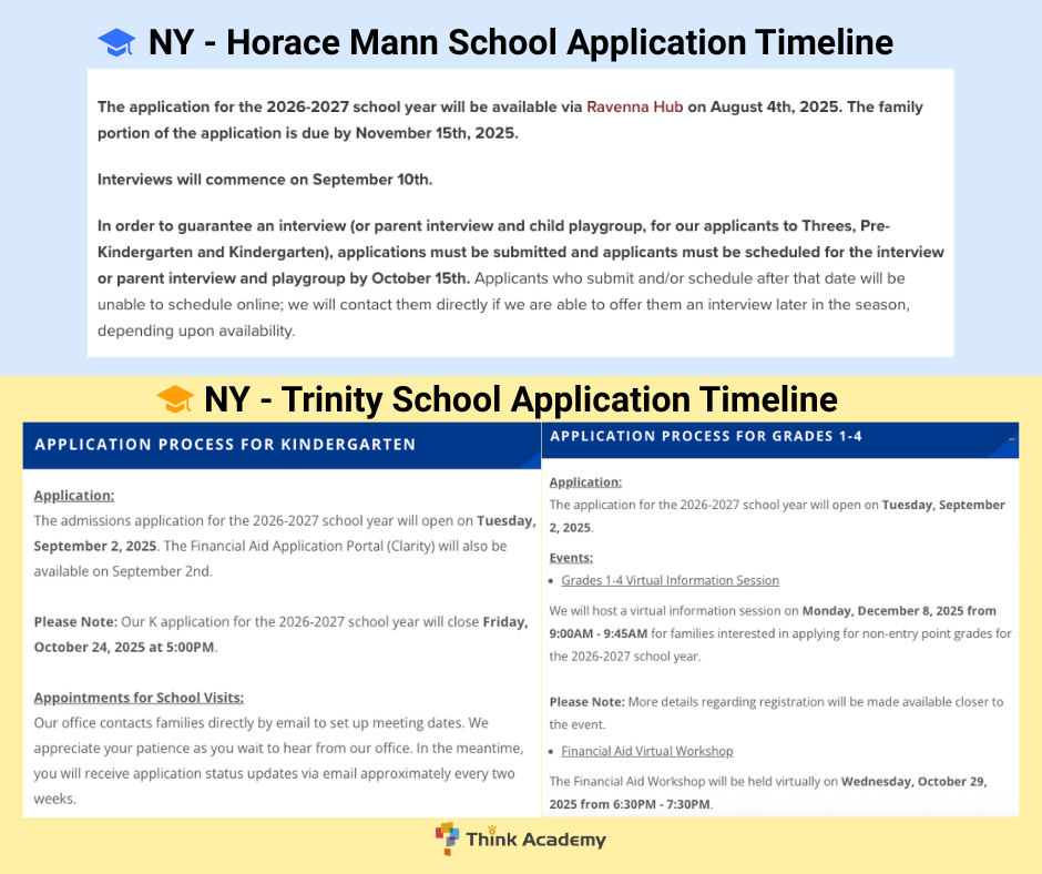 Think Academy - Horace Mann & Trinity School 2026 Fall Application Timeline