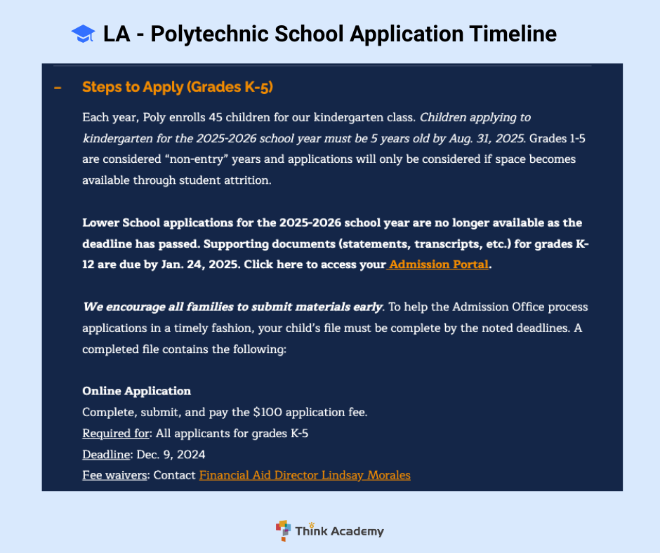 Think Academy - Polytechnic School 2026 Fall Application Timeline