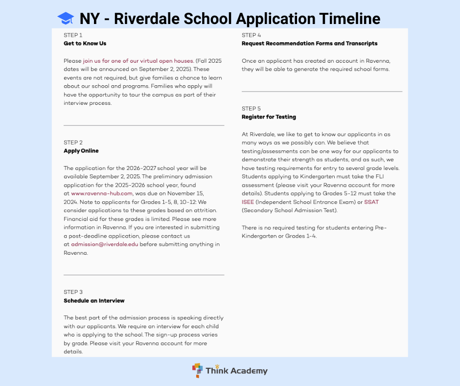 Think Academy - Riverdale School 2026 Fall Application Timeline