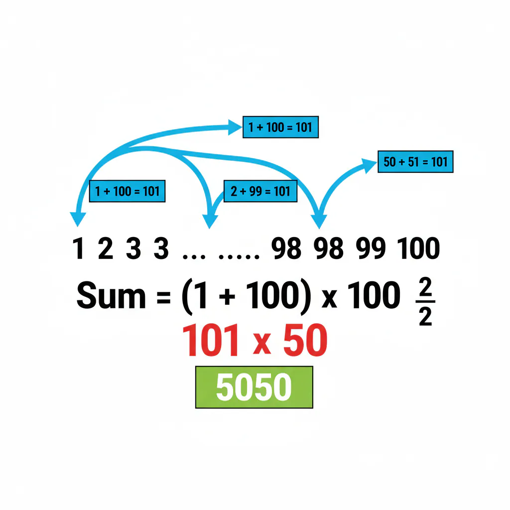 A visual representation of the Gauss summation method, showing numbers 1 to 100 written in a row, with arrows connecting pairs like (1, 100), (2, 99), (50, 51), each summing to 101, and then multiplying by 50. A visual representation of the Gauss summation method