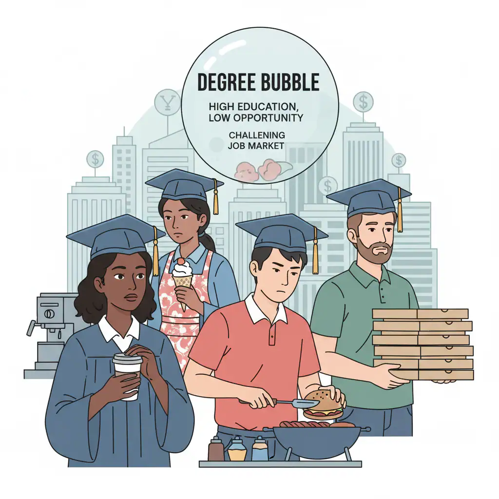A diverse group of young adults, some in graduation caps, working in various service industry roles like baristas or fast-food workers, looking thoughtful. The image conveys the idea of highly educated individuals navigating a challenging job market, reflecting the Degrees vs. Reality - Current education and job market realities