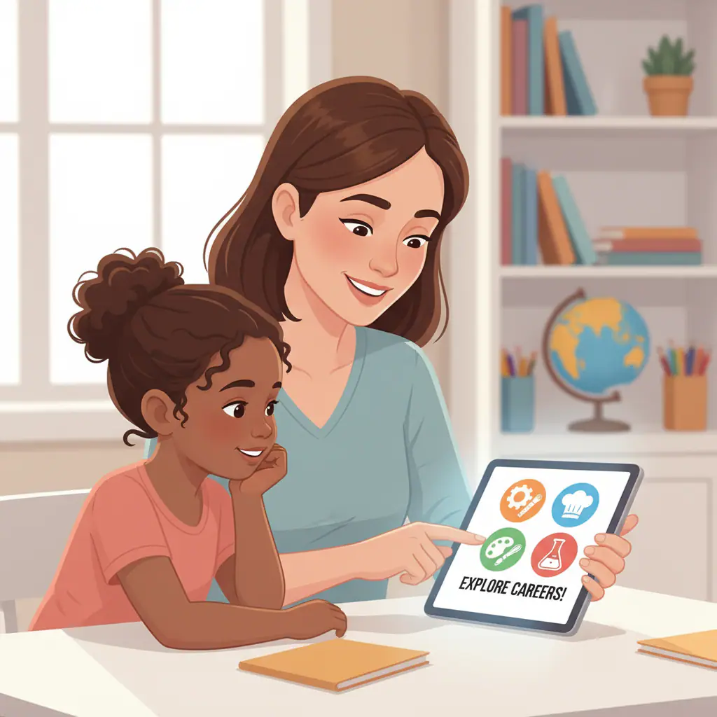 A parent and child looking at a tablet, researching different career options with icons representing various professions like engineer, artist, chef, and scientist displayed on the screen. The scene depicts active career exploration and guidance. Degrees vs. Reality - The family researching different career options