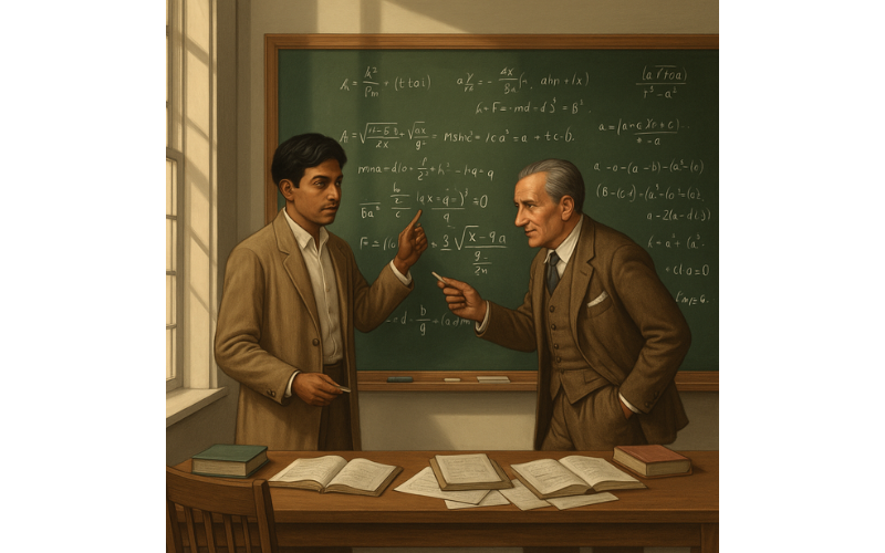 A detailed illustration of Srinivasa Ramanujan and G.H. Hardy working together at a blackboard filled with complex mathematical equations, including examples of infinite series and number theory concepts. Their faces show intense concentration and collaboration. South Indian Mathematician Srinivasa Ramanujan Discussing Math Questions in a Classroom