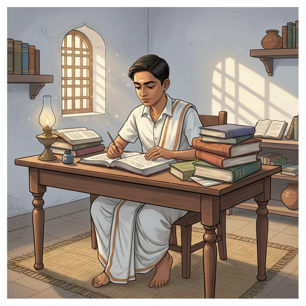 A young Srinivasa Ramanujan, perhaps around 15 years old, intensely focused on an open mathematics textbook, surrounded by other books, in a simple, traditional Indian setting. Srinivasa Ramanujan- The Self-Taught Math Genius