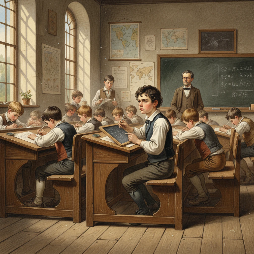 A historical illustration of a young Carl Friedrich Gauss sitting at a wooden school desk, looking thoughtful with a slate in hand, while other children around him are diligently writing and calculating. Young Carl Friedrich Gauss sitting at a wooden school desk,